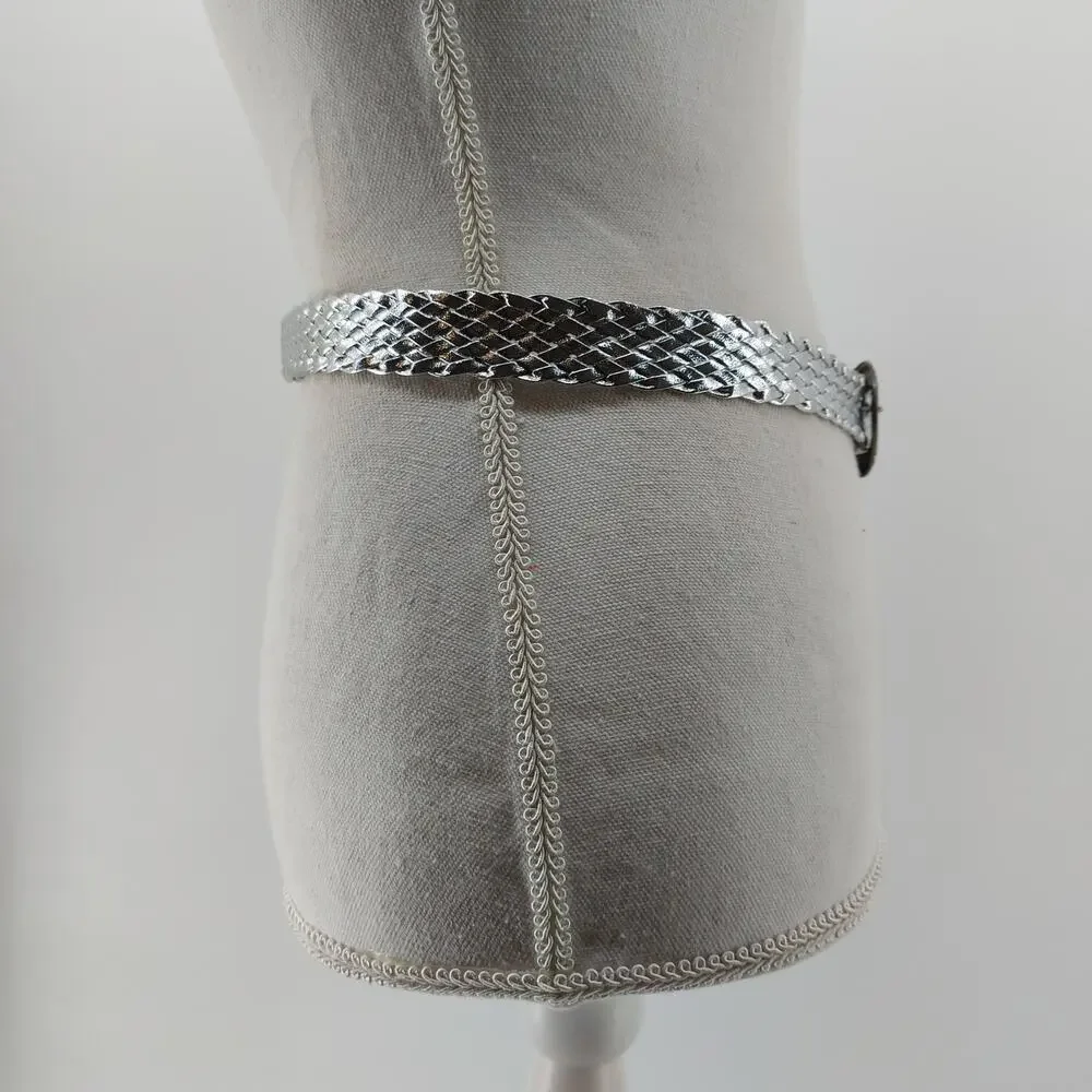Vintage Womens Small Medium Silver Metallic Braided Belt Disco Festival